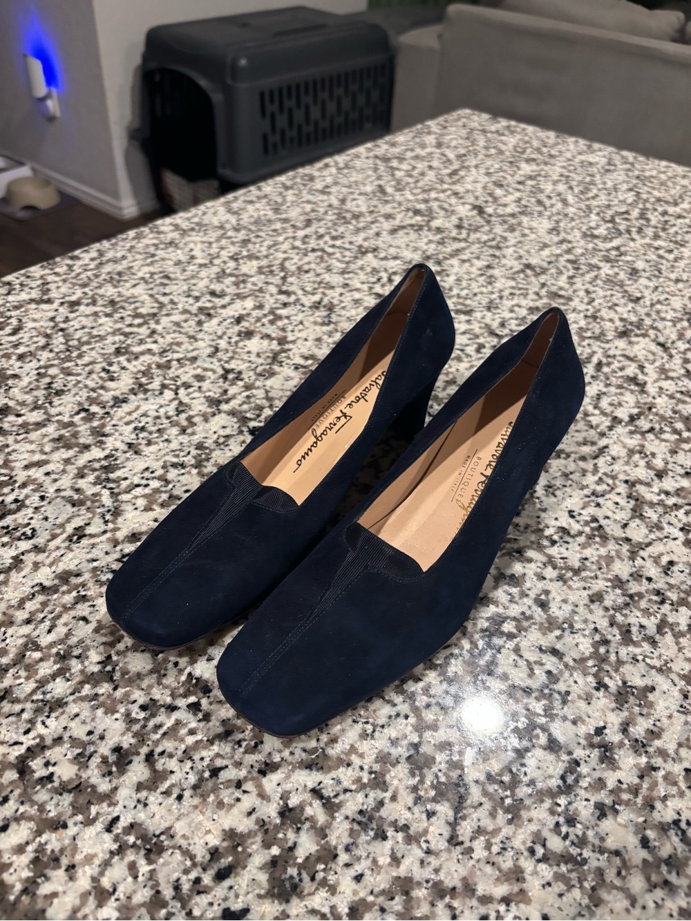 Salvatore Ferragamo Boutique Vintage Navy Blue Suede Square Toe Pumps